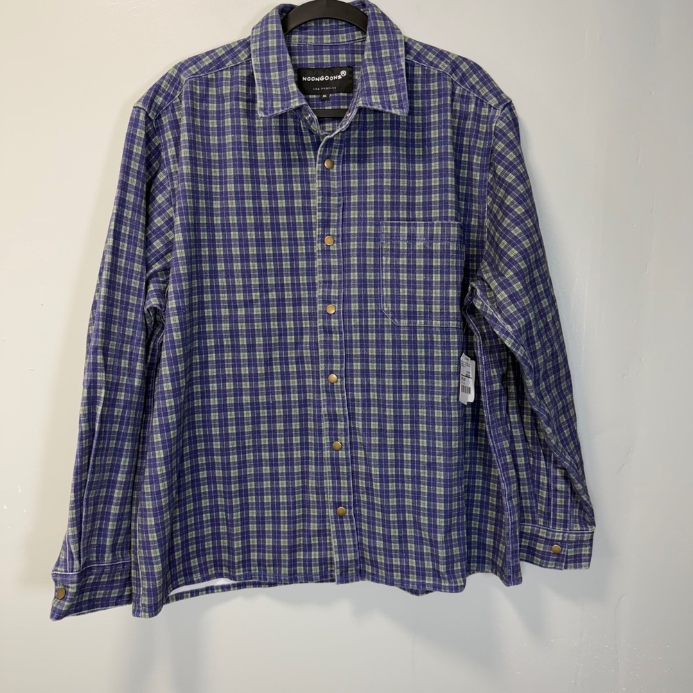 Noon Goons Surf Snap Denim Shirt Jacket Shacket Blue Green Plaid Mens XL New